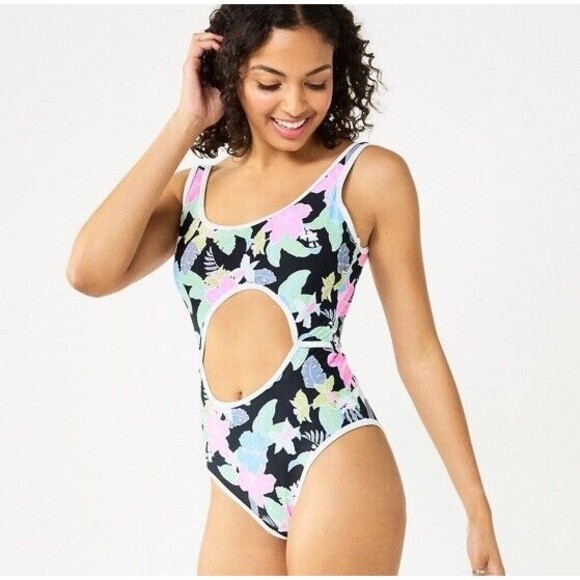 NINETY-NINE One Piece Black Floral Swimsuit Cutout Tummy & Back NWT Size XXL 19 - Picture 1 of 6